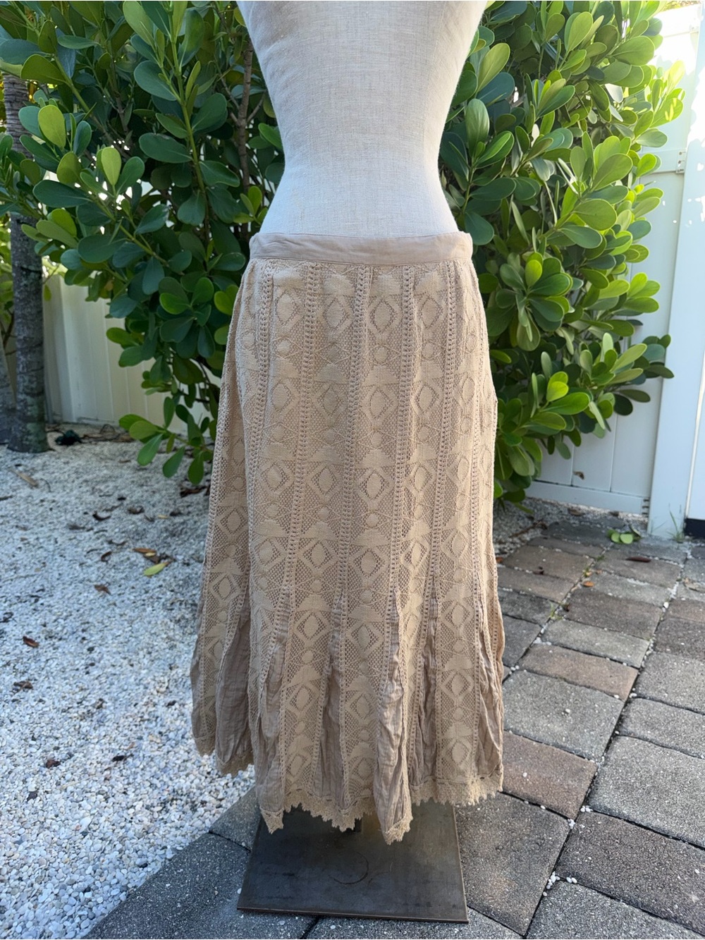 Vintage Bohemian Tan Crochet lace Midi Skirt